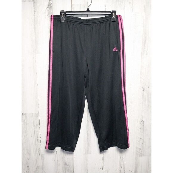 Women's Adidas 3 Stripe Black Pink Crop Pants Drawstring Pockets Large - Picture 1 of 8